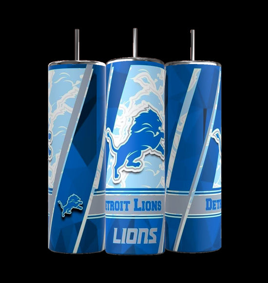 The Kreative Kreationz Lions-20oz Skinny Tumblers, part of the NFL Collection, showcase Detroit Lions logos in blue, silver, and white. Each tumbler includes a spill-proof lid and reusable metal straw with lion images and abstract patterns for a winning design.