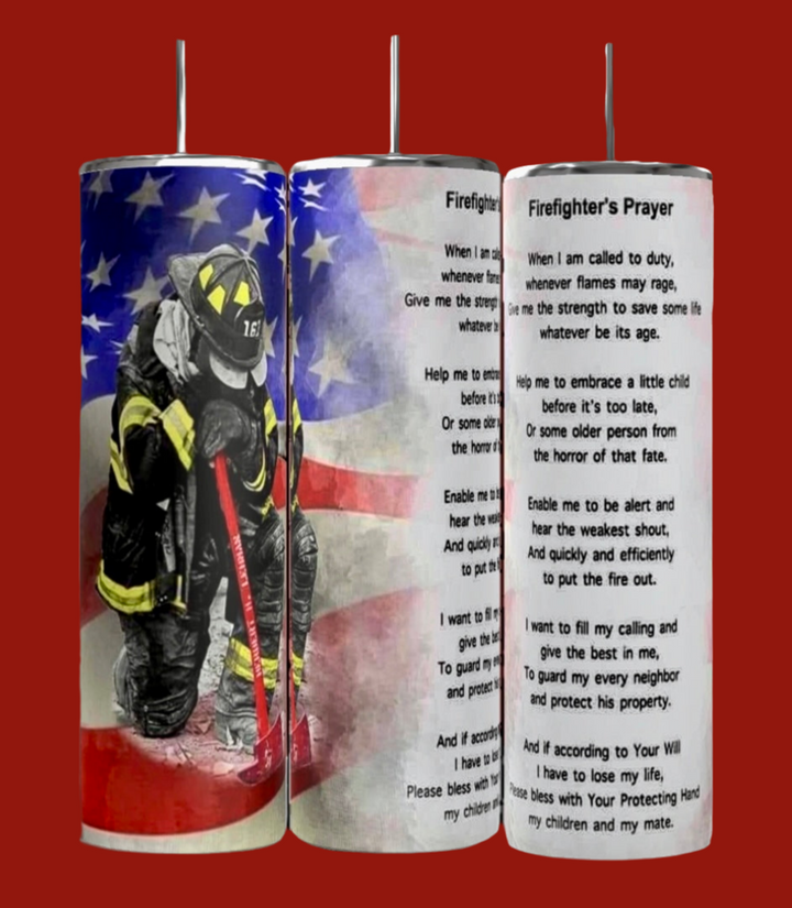 The Firefighter Prayer 20oz Tumbler by Kreative Kreationz features a firefighter kneeling before a flag, with the prayer emphasizing duty, courage, and protection. Its durable design vividly showcases the American flag’s stars and stripes through sublimation.