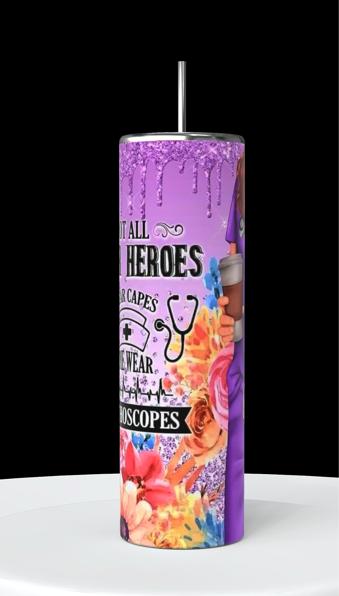 The "Not All Superheros Wear Capes Nurse Edition 20oz Tumbler" by Kreative Kreationz features a vibrant purple design showcasing a detailed illustration of a healthcare professional in scrubs holding a stethoscope. The tumbler is adorned with the inspiring text, "Not all superheroes wear capes, some wear stethoscopes," surrounded by beautiful floral patterns and shimmering glitter effects. Built to last, its durable construction ensures longevity.