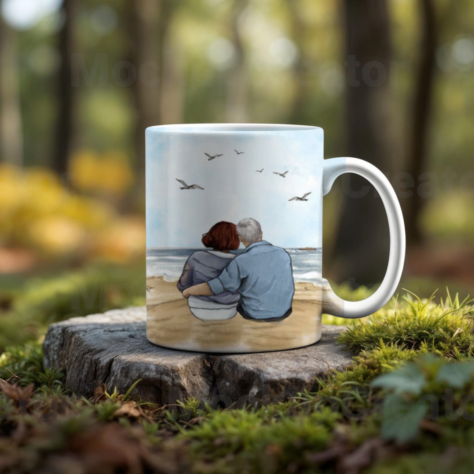 The Personalized Couples Ceramic Mug by Kreative Kreationz is a thoughtful gift for any romantic occasion, featuring a beach illustration of two lovers embracing with birds soaring above, set on a tree stump in lush forest greenery.