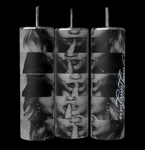 The Kreative Kreationz Pretty Little Liars 20oz tumblers feature images of a woman's face with a finger over her lips, signaling silence. One tumbler displays "Pretty Little Liars" in cursive.