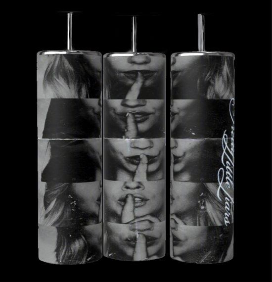 The Kreative Kreationz Pretty Little Liars 20oz tumblers feature images of a woman's face with a finger over her lips, signaling silence. One tumbler displays 