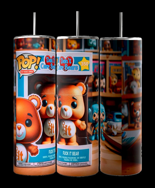 The Kreative Kreationz "Fuck it Bear | Don’t Care Bear" 20oz Tumbler showcases colorful Care Bears-themed artwork reminiscent of Funko Pop collectibles. This durable tumbler features double-wall insulation and a wrap-around design with vibrant images of cartoon bears in various poses and styles.