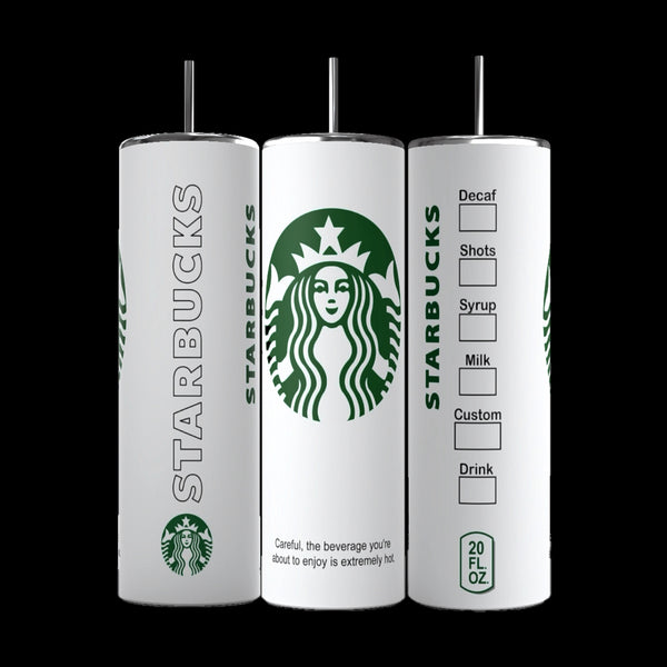 Three white cylindrical Starbucks Hot Cup 20 ounce skinny tumblers from Kreative Kreationz are arranged side by side. Each tumbler features the Starbucks logo and "Starbucks" vertically, along with a checklist for decaf, shots, syrup, milk, custom, and drink options.