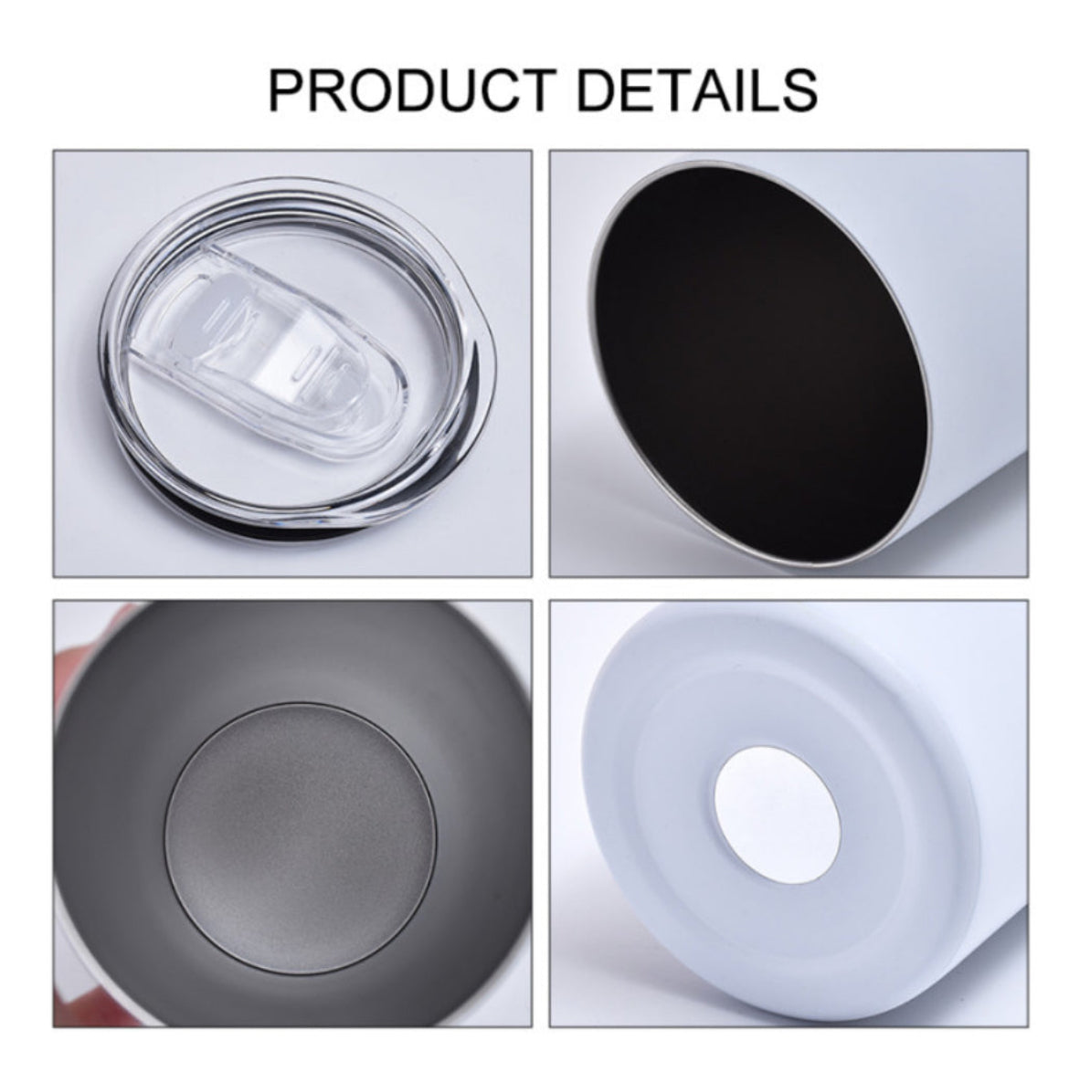 Four-image collage highlighting the details of the Kreative Kreationz D&B 20oz Tumbler: a clear plastic lid with sliding cover, sleek black interior, glimpse of the metal bottom inside, double-wall insulation for optimal temperature retention, and a white base finished with a rubber pad.