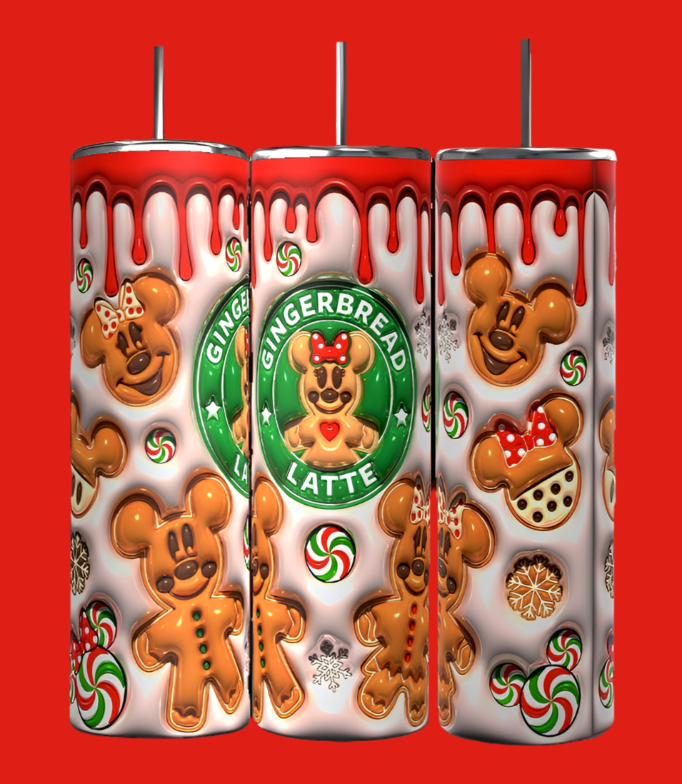 Three Gingerbread Latte Puffy Tumblers from Kreative Kreationz, each with a gingerbread latte theme against a red backdrop. These 20 oz tumblers feature gingerbread cookies shaped as characters, candy canes, and intricate frosting designs. One tumbler proudly displays "Gingerbread Latte" text within a circular emblem, underscoring its appeal as durable drinkware.