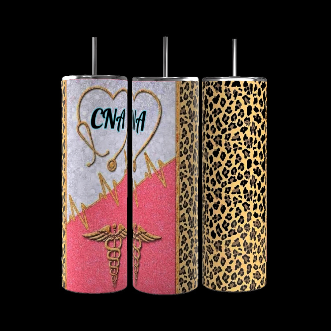 Three tumblers are shown. The left tumbler, a CNA 20oz Skinny Tumbler by Kreative Kreationz, features a stethoscope, the letters "CNA", a heart, and a heartbeat line on a pink and glittery background. The center tumbler has similar medical symbols. The right tumbler is adorned with leopard print design, all with reusable straws and spill-proof lids.