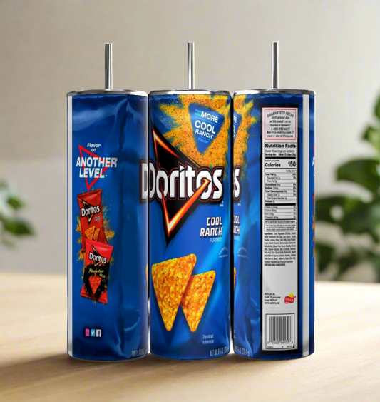 Three Doritos Ranch 20oz Stainless Steel Skinny Tumblers from Kreative Kreationz grace the table. Each features the iconic blue design with logos, chips, and nutritional details, beautifully capturing the essence of this beloved snack.