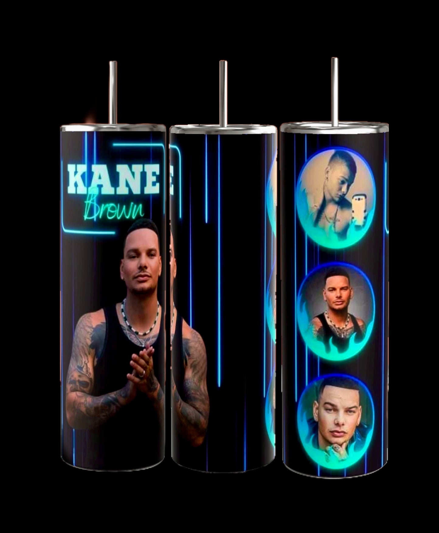 Three stainless steel tumblers from Kreative Kreationz feature images of a bearded man in a plaid shirt and baseball cap. The middle tumbler showcases "LUKE COMBS" in white text with "last song" in green script, while the right tumbler displays three images of the same man. This Country Singer 20oz Tumbler set, including reusable straws, makes for perfect drinkware for any occasion.