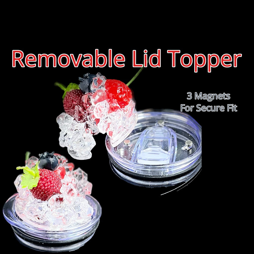 Image illustrating four round, 3D lid toppers filled with crushed ice. Each tumbler accessory by Kreative Kreationz features a distinct garnish: a lemon slice, a lime slice, a cherry, and plain crushed ice. The text identifies the garnishes and reads "Removable Lid Topper" at the bottom on a red background. The product is called "3D Lid Toppers for standard 20oz Tumbler | Variety of Fruits.