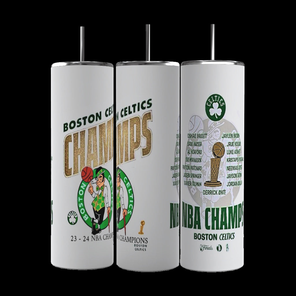 Three "Celtics 23-24 Champion 20oz Tumblers" by Kreative Kreationz, set against a black background. These designed tumblers display "Celtic 23-24 Champions" along with multiple logos, including the Celtics mascot. One of the tumblers lists the team's roster, and all feature decorative elements in green, white, and gold.