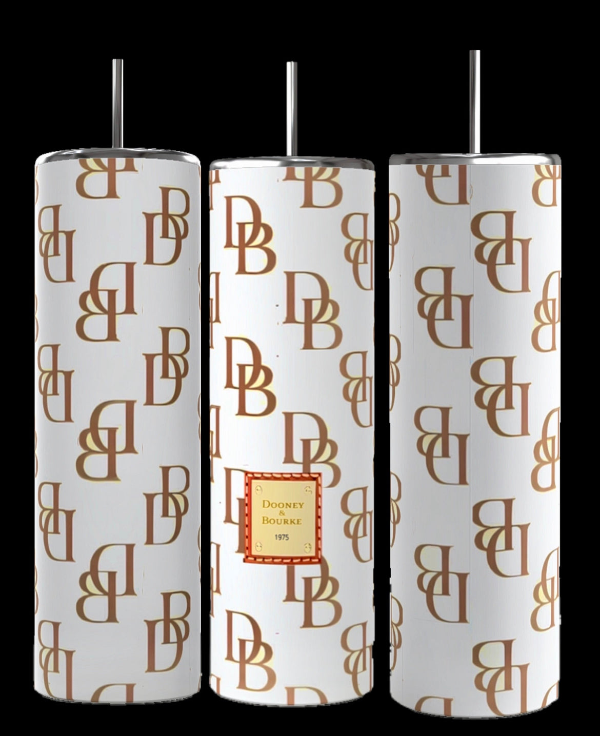 The D&B - White 20oz Tumblers by Kreative Kreationz feature an elegant design with a white background adorned by a brown "DB" monogram pattern. The center tumbler displays a striking red square logo with the text "Dooney & Bourke 1975." Each tumbler is equipped with double-wall insulation and comes with a sleek silver lid and straw.