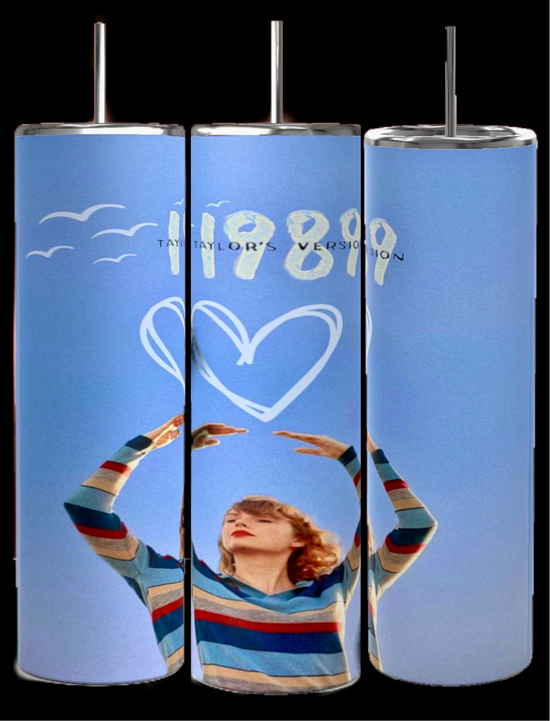 The Kreative Kreationz 1989 20oz Tumbler showcases a light blue design with white birds, a heart, and 