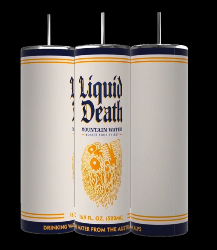 Three Liquid Death designed 20oz Tumblers from Kreative Kreationz are displayed against a black background. Each tumbler features a prominent logo with the brand name in bold blue letters and an illustration of a dripping skull. The text "Drinking Water from the Austrian Alps" is visible at the bottom. This Tony Hinchcliff design ensures it keeps beverages hot or cold.