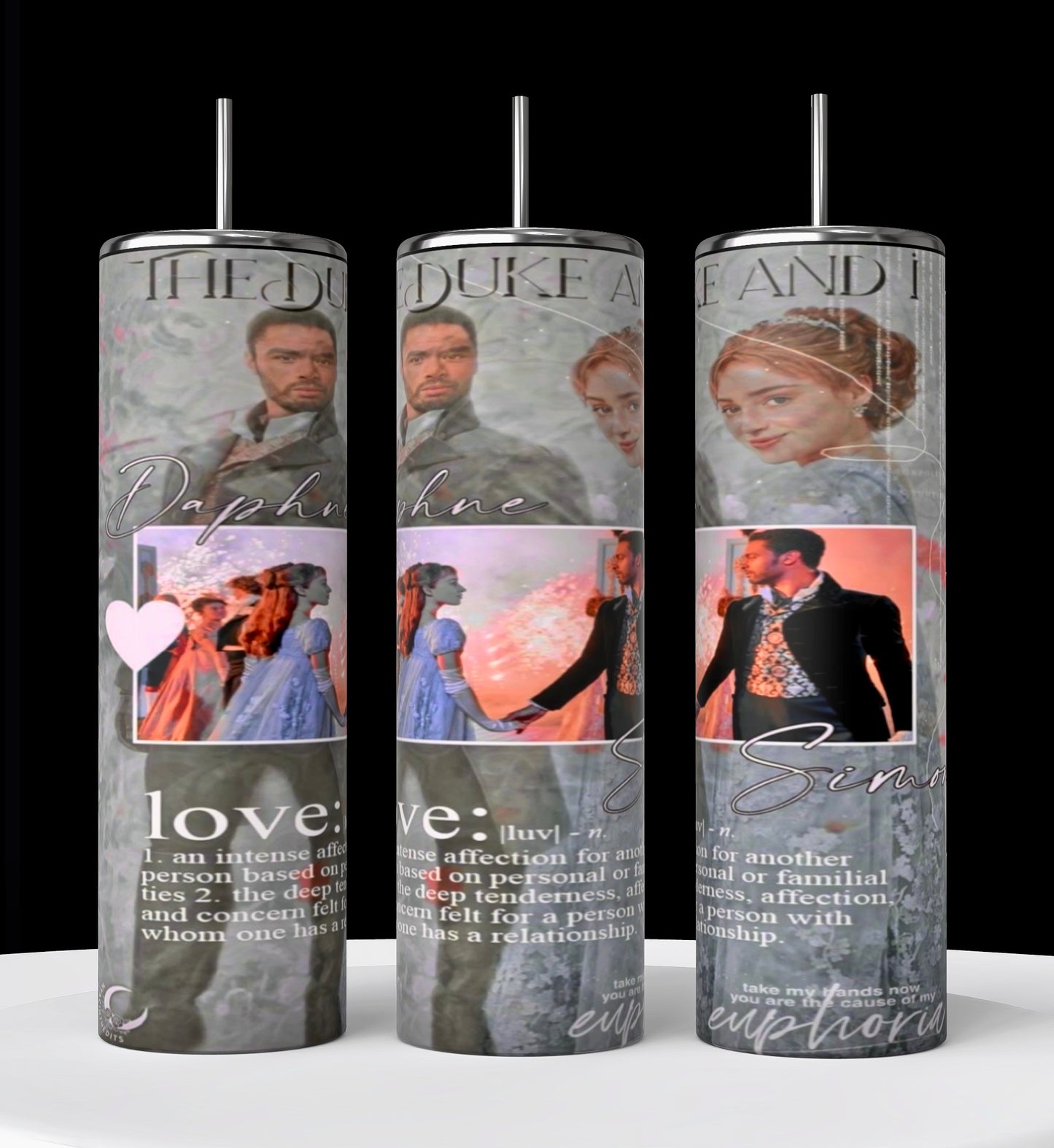 Three tall candles adorned with images of a man and a woman embracing on the surface, featuring romantic scenes, soft pastel colors, and words like "love," "euphoria," and "affection." These candles capture the enchantment of a Bridgerton Daphne 20oz Stainless Steel Tumbler by Kreative Kreationz. Heart symbols and text elegantly surround the images.