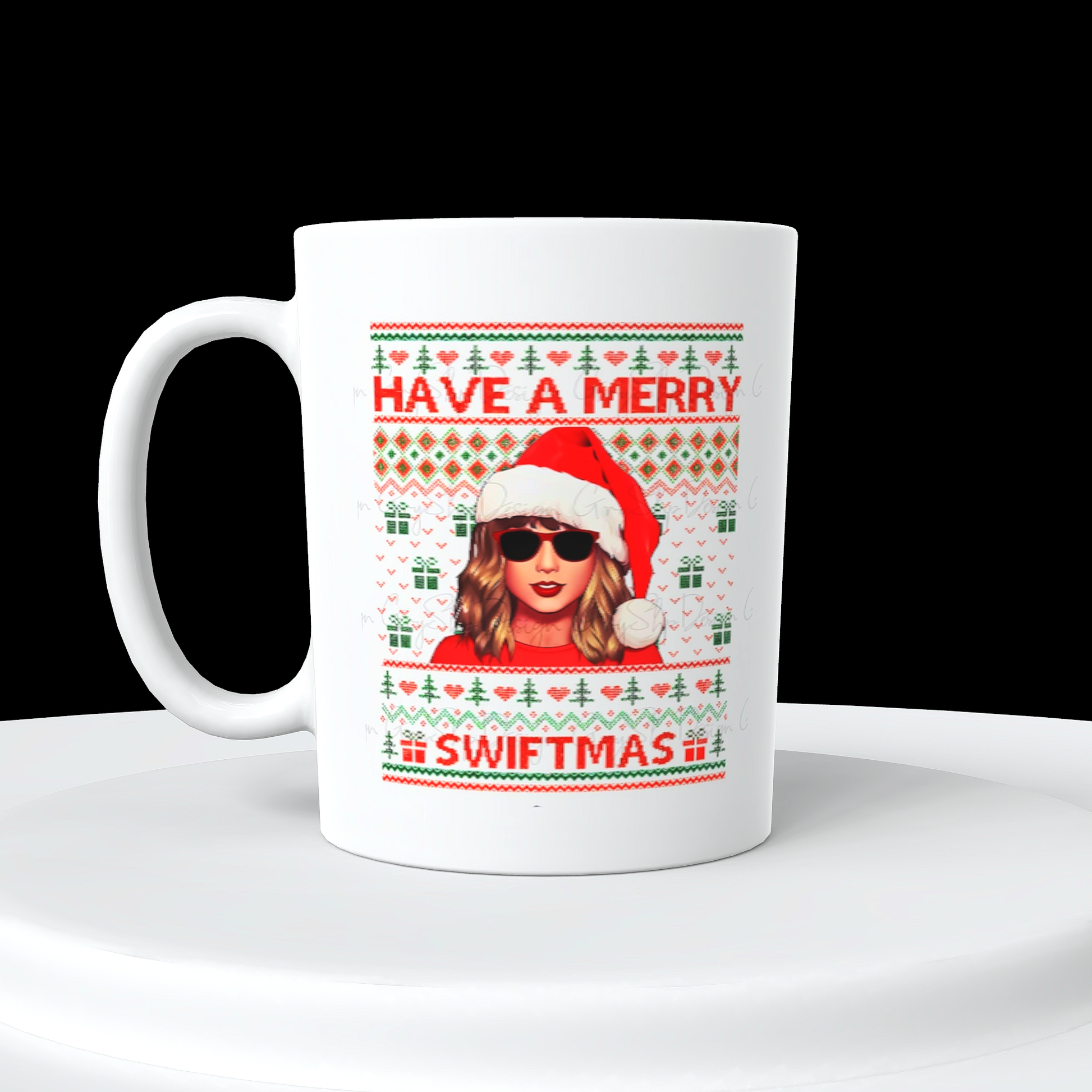 The Merry Swiftmas Taylor Swift Ceramic Mug by Kreative Kreationz features a cozy white ceramic design adorned with the words "HAVE A MERRY SWIFTMAS" in vibrant red and green festive font. Surrounding the text is a holiday-themed border, and at the center is an illustrated figure sporting a Santa hat and sunglasses, making it the ideal ERAS mug for any Taylor Swift fan during the holiday season.