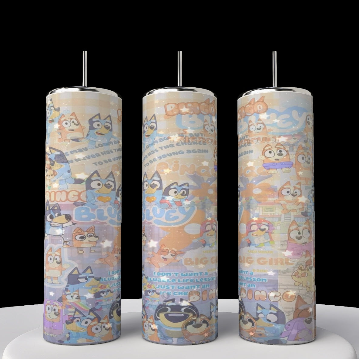 The Kreative Kreationz Bluey Collage 20oz Stainless Steel Tumbler has a spill-proof lid and reusable straw, featuring colorful cartoon dogs and pastel-themed text on a tall, cylindrical design.