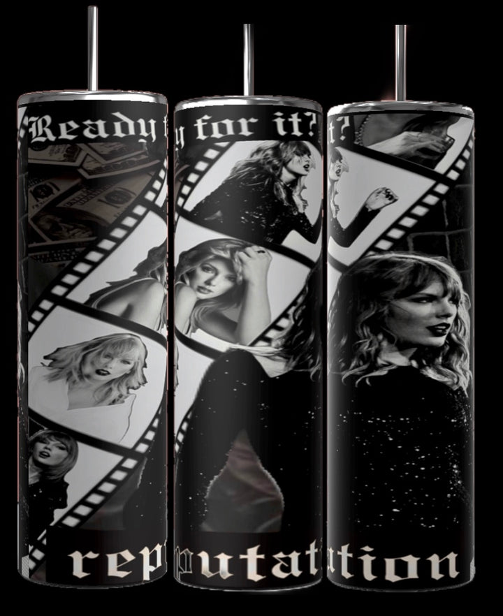 The Kreative Kreationz REP 20oz Skinny Tumbler features a black and white filmstrip design of a woman in various poses, with "Reputation" and "Ready for it?" text, plus dollar bills for visual flair.