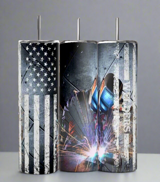 Discover Kreative Kreationz's Welder 20oz Tumbler collection featuring three unique designs: a stylized American flag, vibrant welding sparks with equipment, and artistic text. Each stainless steel tumbler is sublimated and stands out against a plain gray background.