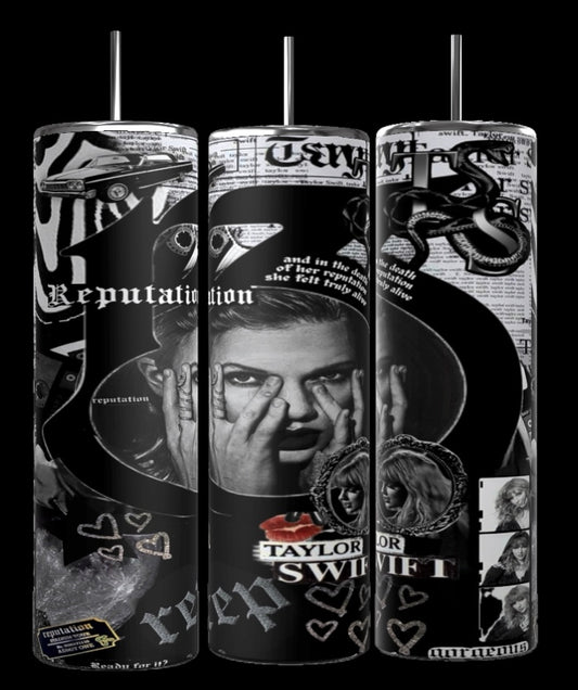 Kreative Kreationz's Reputation 13 20oz Tumblers showcase a collage of black-and-white images and text inspired by Taylor Swift's "Reputation" album. Featuring durable construction, these tall tumblers are adorned with Taylor Swift's face, newspaper clippings, and the words "Reputation" and "Taylor Swift.