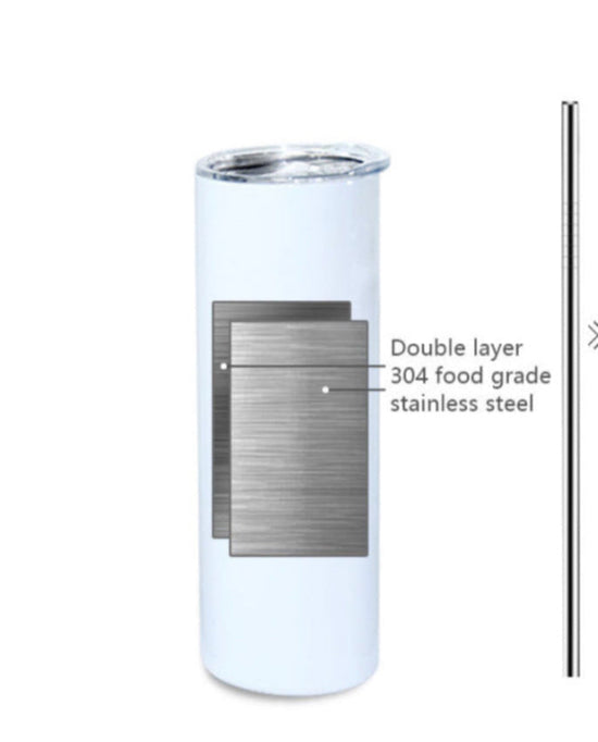 The Kreative Kreationz 1989 20oz white tumbler with a spill-proof lid is displayed. It has a double-layer design crafted from 304 food-grade stainless steel, represented by two metallic sheets, and comes with a slim straw.