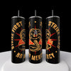 Three sleek black stainless steel Kreative Kreationz tumblers, with straws and adorned with a yellow cobra logo and the text 