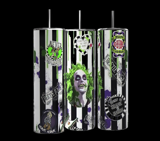 Three Beetlejuice 20oz Tumblers by Kreative Kreationz, each with black and white vertical stripes, feature various themed designs. These include a green-haired character, a button that reads "Never Trust the Living," and other related quotes and images. Each tumbler comes with a metallic straw.