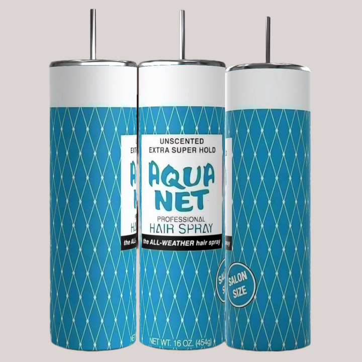 Three cans of Aqua Net Professional Hair Spray with a blue and white diamond-patterned design are shown. The front can displays the label with "Unscented Extra Super Hold" and "16 OZ (454g)" text. Perfectly accompanying your styling routine, pair it with the BPA-free Aqua Net Teal 20oz Tumbler by Kreative Kreationz.