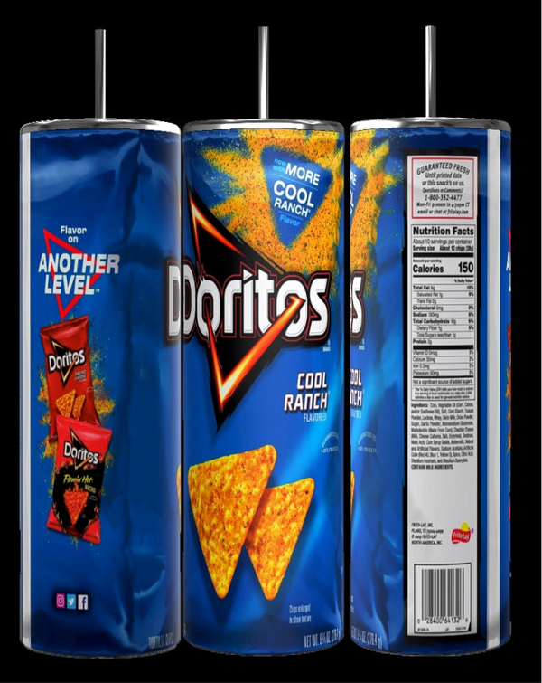 A Doritos Collection stainless steel skinny tumbler, with a sleek 20 oz capacity, sits against a backdrop of Doritos juice pouch costumes that mimic the iconic chip bags of popular flavors: Nacho Cheese and Cool Ranch. The text "Doritos Collection" is prominently centered at the top in vivid orange and blue. This eye-catching product from Kreative Kreationz is sure to be a hit with Doritos fans.