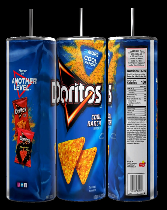 A Doritos Collection stainless steel skinny tumbler, with a sleek 20 oz capacity, sits against a backdrop of Doritos juice pouch costumes that mimic the iconic chip bags of popular flavors: Nacho Cheese and Cool Ranch. The text 