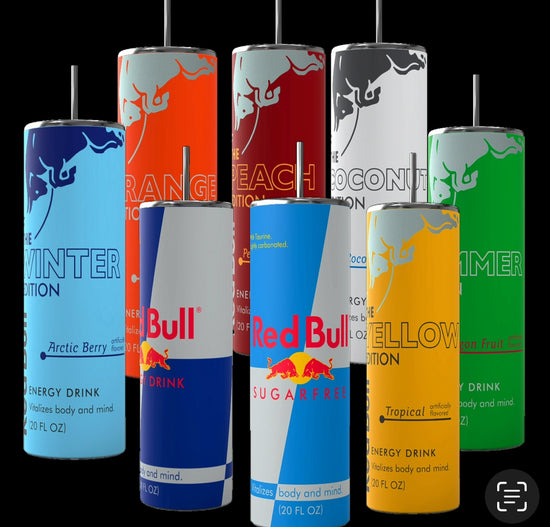 A collection of Red Bull lovers 20oz Tumblers from Kreative Kreationz, each displaying a different Red Bull flavor and distinct vibrant color. Arranged from left to right: Winter Edition (blue), Orange Edition (orange), Beach Edition (peach), Coconut Edition (white), Summer Edition (green), Original (silver), Sugarfree (white and blue stripe), and Tropical (yellow). Perfect for carrying your favorite energy drink without worrying about spills.