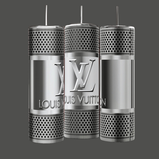 Three sleek, metallic cylindrical objects, each a 20 oz tumbler branded as the "LV Silver Stainless Steel 20oz Tumbler" by Kreative Kreationz, proudly display a prominent "LV" logo and the words "Louis Vuitton" etched on their surfaces. Crafted from silver stainless steel, these tumblers feature a spill-proof lid to enhance their sophisticated allure against a plain gray background with their futuristic and elegant design.