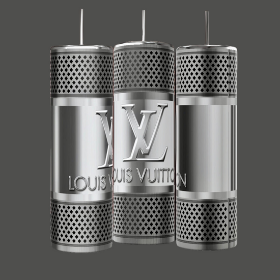 Three sleek, metallic cylindrical objects, each a 20 oz tumbler branded as the 