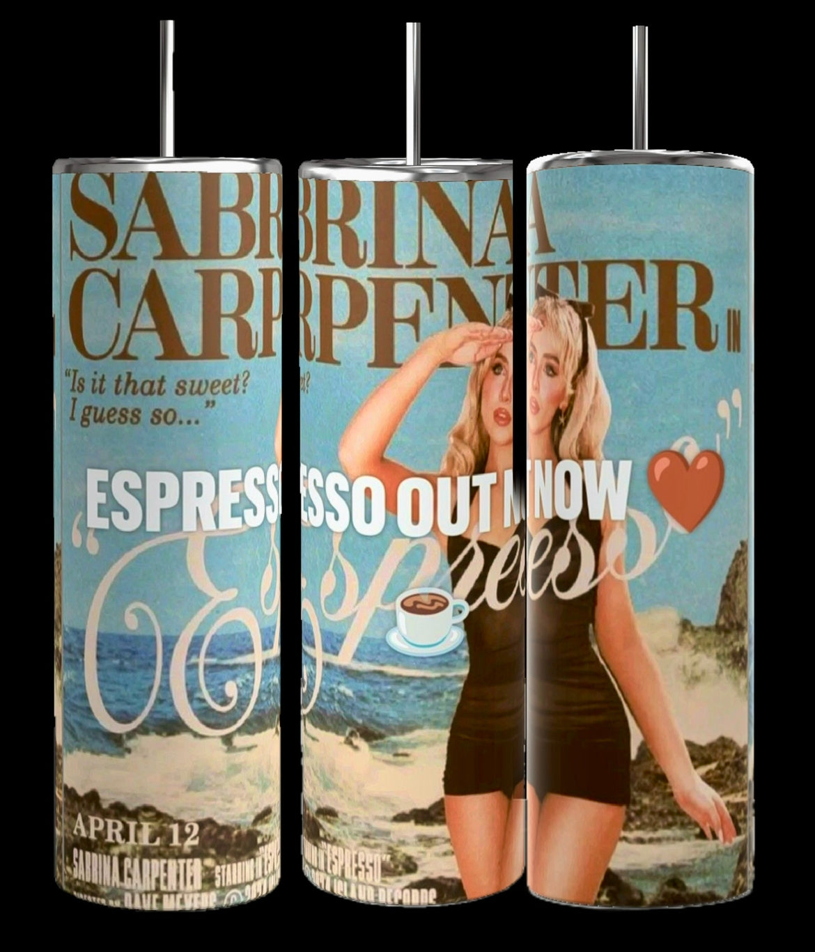 A collage featuring ten panels of various designs, primarily in blue and brown shades, promoting the "Sabrina Carpenter | Expresso Collection of 20oz Tumblers" from Kreative Kreationz. Each panel displays a woman in different poses with coffee-themed graphics and text like "S. Pressso out now." Discover the durable construction and stylish design of these 20 oz tumblers. Vertical text on the right reads "Sabrina Carpenter Expresso.