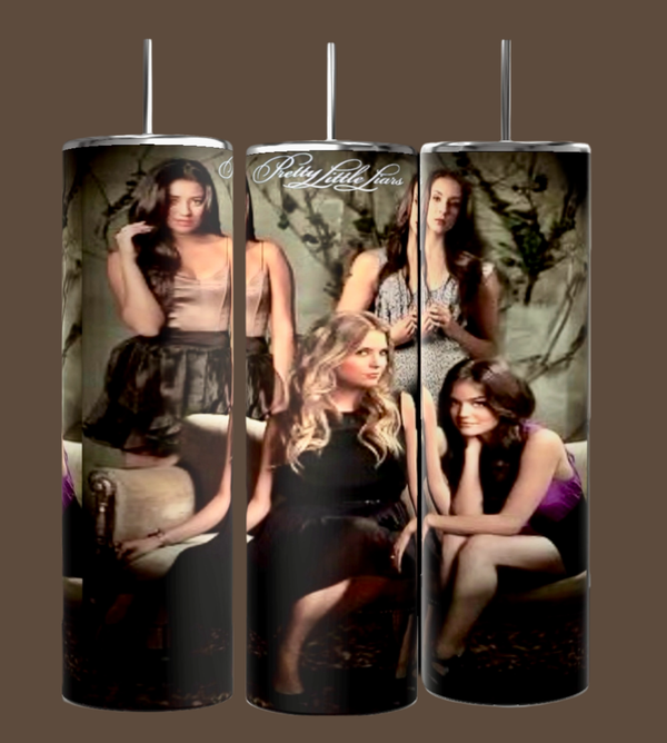 The Pretty Little Liars 20oz Tumblers by Kreative Kreationz showcase printed images of four stylish women against rustic tree branches. These cylindrical tumblers come with a spill-proof lid and a reusable straw for added convenience.