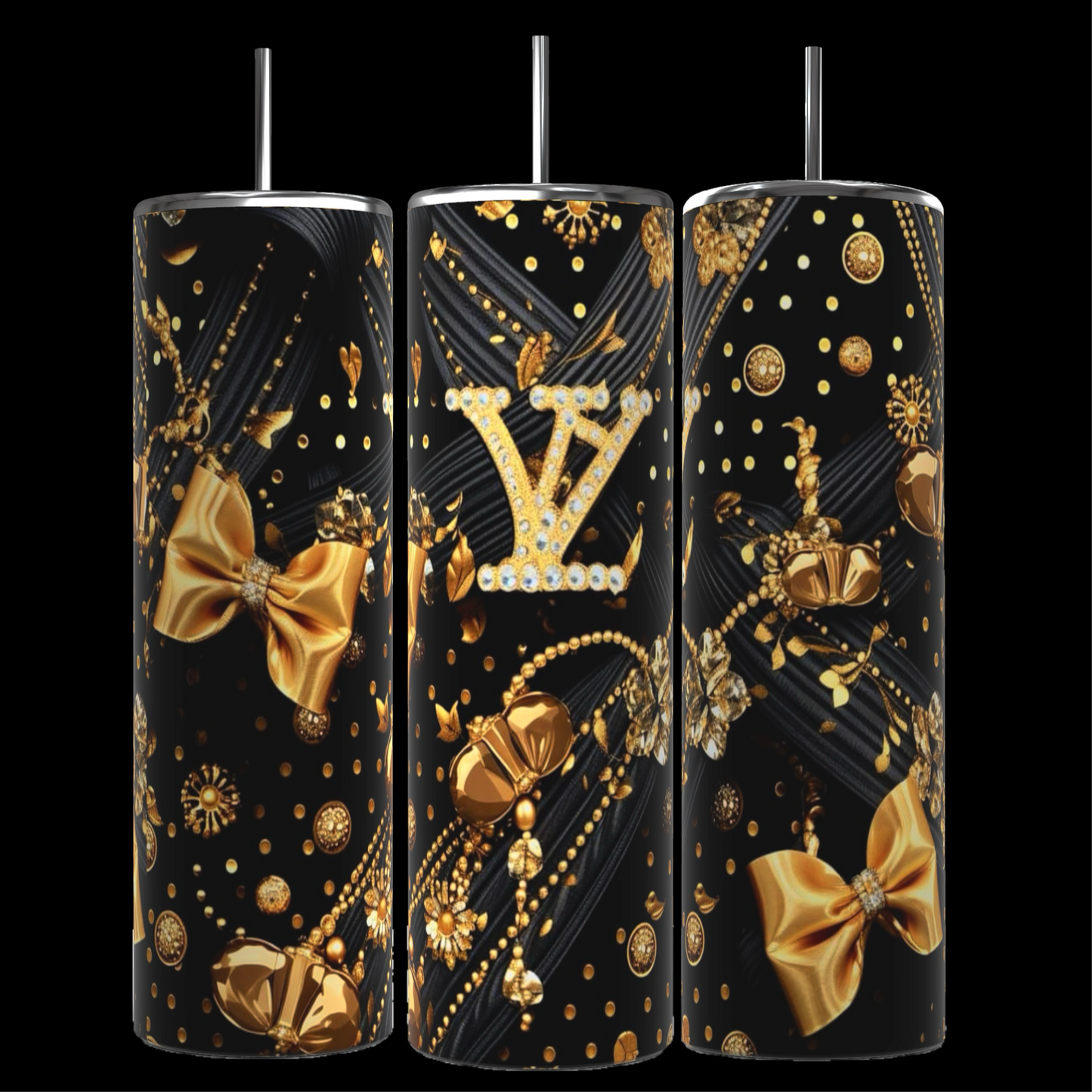 Three cylindrical tumblers with lids and straws, showcasing a black background embellished with intricate gold designs. The patterns incorporate bows, pearls, and sparkling elements. The central tumbler prominently features a decorative "LV" monogram in gold, echoing Louis Vuitton's signature style. These are the Louis Vuitton Black and Gold 20oz Tumblers by Kreative Kreationz.