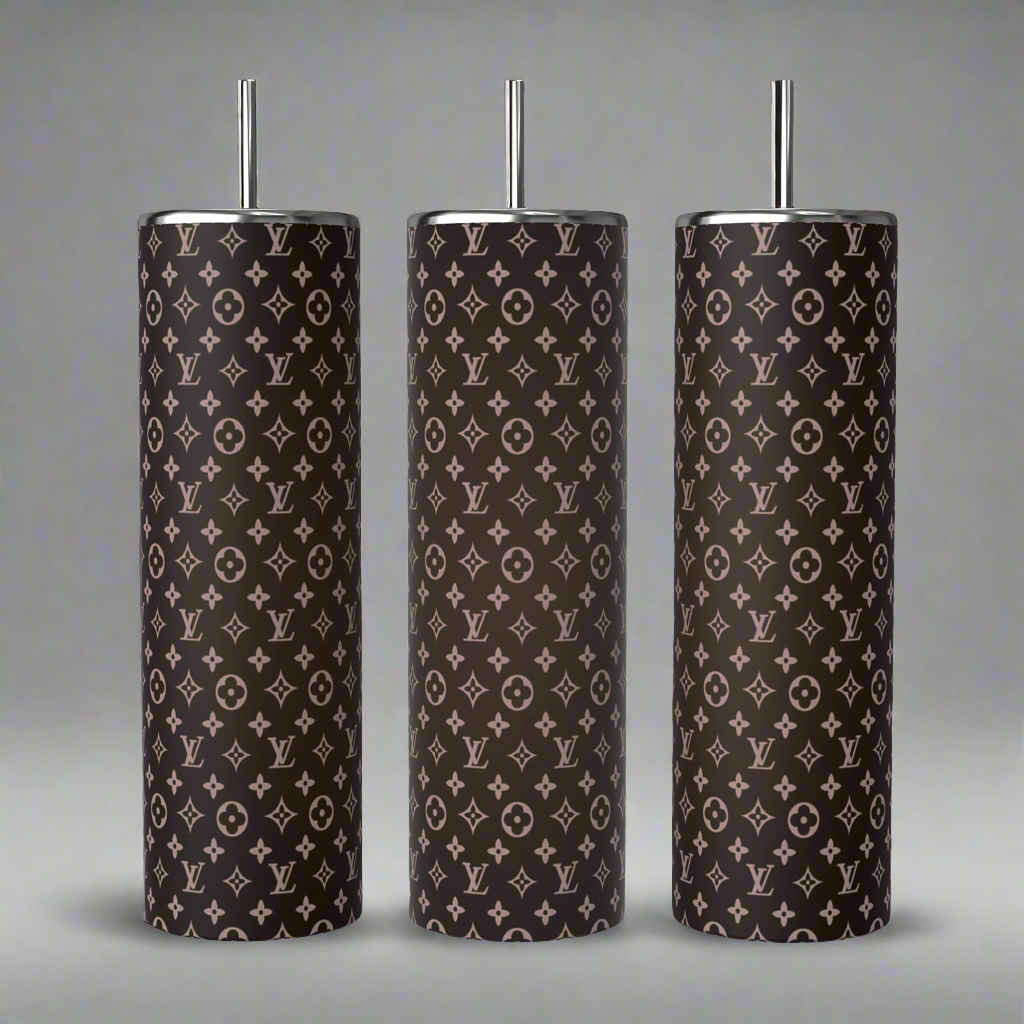 Three tall cylinders in front of a black background on a white pedestal, showing a 20 ounce Tumbler from all sides,
 at a 360° angle, black 
LV  letter repeated throughout design design on gray to white ombre background 