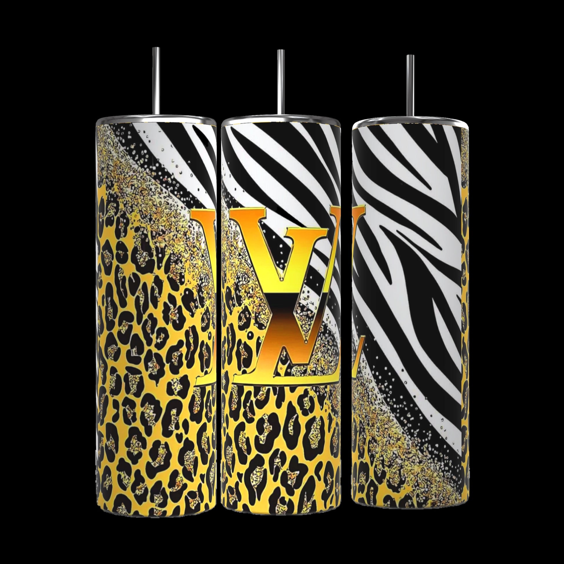 Three LV Yellow Cheetah Striped 20oz Stainless Steel Tumblers from Kreative Kreationz, complete with black straws, are displayed side by side. They feature bold patterns of zebra stripes and leopard spots, complemented by a prominent gold "V" across the center, merging the designs into a cohesive and eye-catching look.