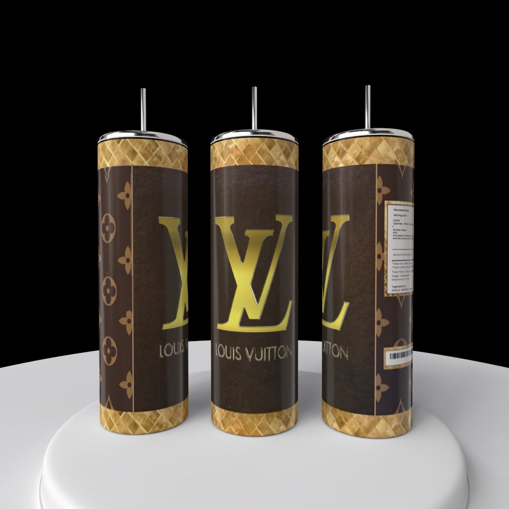 Three LV 20oz Skinny Tumblers by Kreative Kreationz feature a luxury-inspired design with a prominent "LV" logo, dark background and gold accent patterns. The double-wall insulation ensures temperature retention. Displayed elegantly on a white surface.