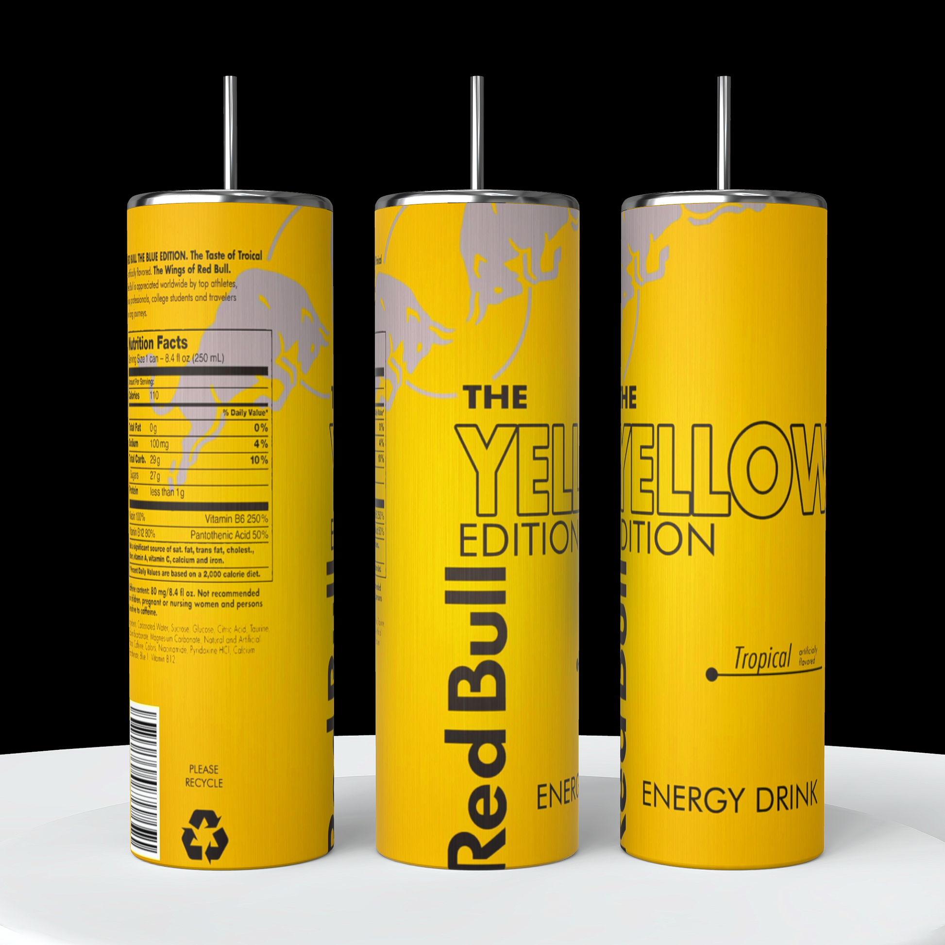 A collection of Red Bull lovers 20oz Tumblers from Kreative Kreationz, each displaying a different Red Bull flavor and distinct vibrant color. Arranged from left to right: Winter Edition (blue), Orange Edition (orange), Beach Edition (peach), Coconut Edition (white), Summer Edition (green), Original (silver), Sugarfree (white and blue stripe), and Tropical (yellow). Perfect for carrying your favorite energy drink without worrying about spills.