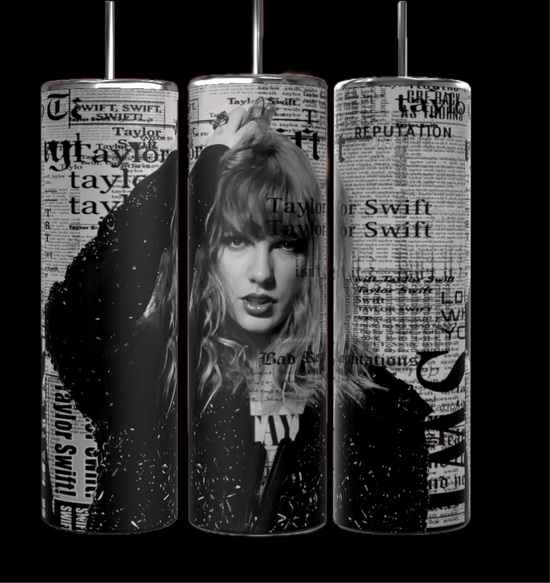 Three Taylor Swift Reputation Newspaper 20oz Tumblers from Kreative Kreationz feature a black-and-white image of a woman with wavy hair and a newsprint-style background. The central tumbler depicts the woman posing with one hand in her hair, accompanied by 