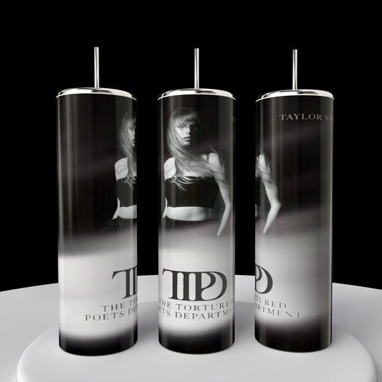 The TTPD | Tumbler by Kreative Kreationz features three 20oz Skinny Tumblers adorned with black-and-white images of a person and text reading 