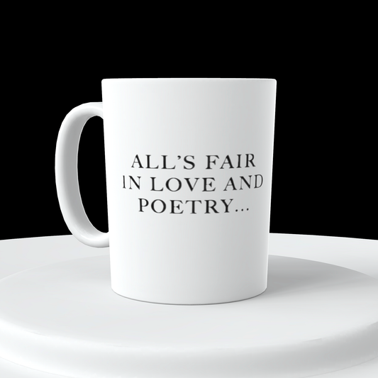 Displayed on a white circular platform against a black background is the TTPD Alls Fair in Love and Poetry | Who’s Afraid of Little Old Me ceramic mug by Kreative Kreationz. This white ceramic mug with a large handle features the name "Taylor Swift" and her stylized initials "TS" in black, making it a must-have for any dedicated Swiftie.