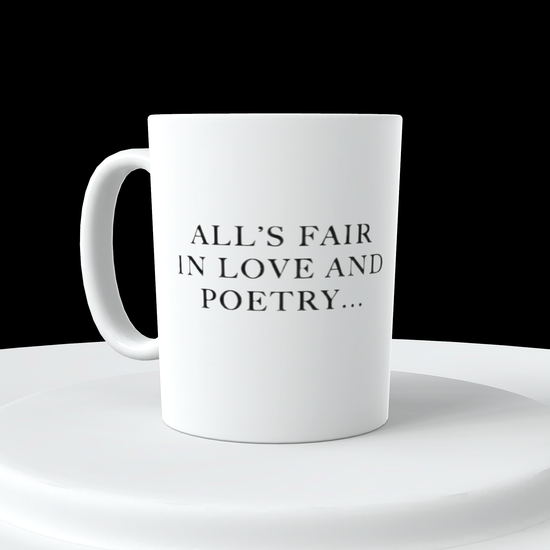 Displayed on a white circular platform against a black background is the TTPD Alls Fair in Love and Poetry | Who’s Afraid of Little Old Me ceramic mug by Kreative Kreationz. This white ceramic mug with a large handle features the name 