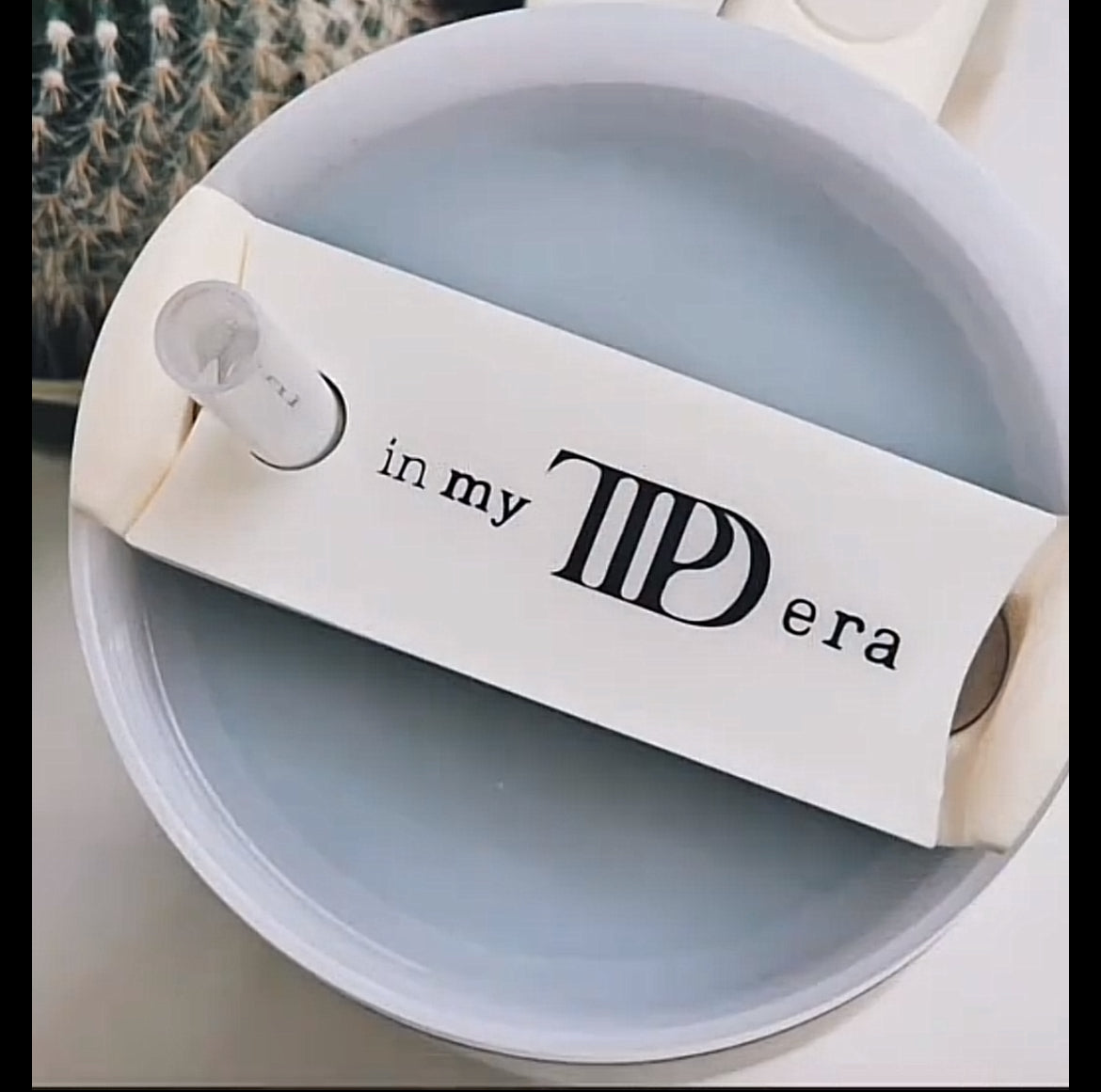 The "In My TTPD Era Tumbler Lid Topper" by Kreative Kreationz features a design that says "in my TID era" with illustrations of flying seagulls around the words. This Swiftie accessory is showcased from the top, clearly displaying its intricate lid topper, and is compatible with Stanley 20, 30, and 40 oz tumblers.