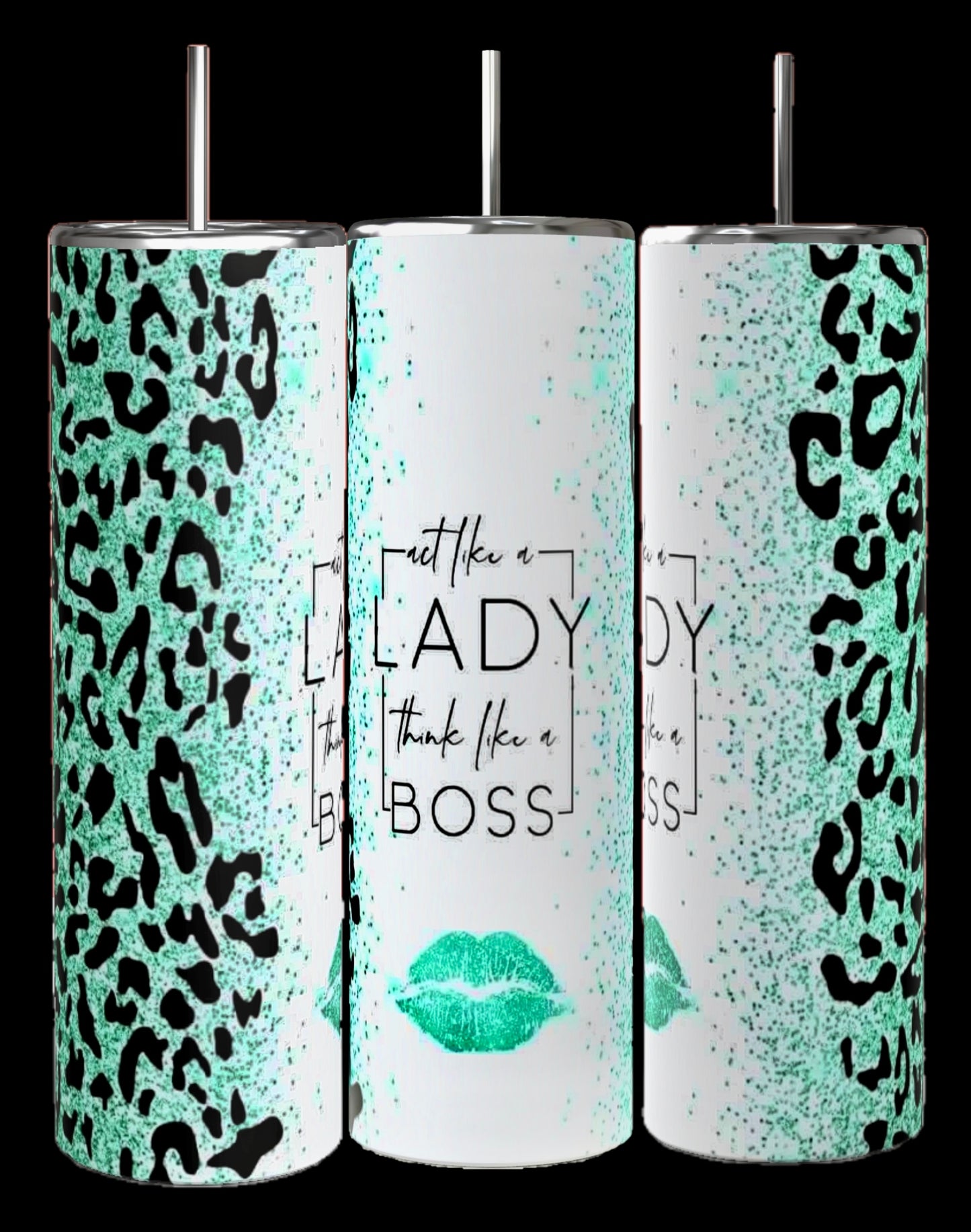 A collage features nine colorful Boss Lady 20oz Tumblers with Reusable Straw and Lid designs with "Boss Lady" and "Lady Boss" themes from Kreative Kreationz. Each personalized tumbler boasts bold, vibrant patterns like leopard prints, pink glitter, and marble textures, all accompanied by empowering text. The background is black with white text labels.