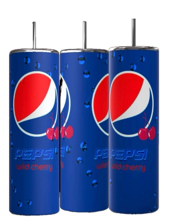 Kreative Kreationz presents the Cherry Pepsi 20oz Tumbler, flaunting a sleek, tall cylindrical design with a striking blue background embellished with the iconic logo and cherries. The phrase "wild cherry" graces the surface amidst water droplets. Crafted from stainless steel, these tumblers feature reusable straws that extend from their lids, combining style with sustainability.