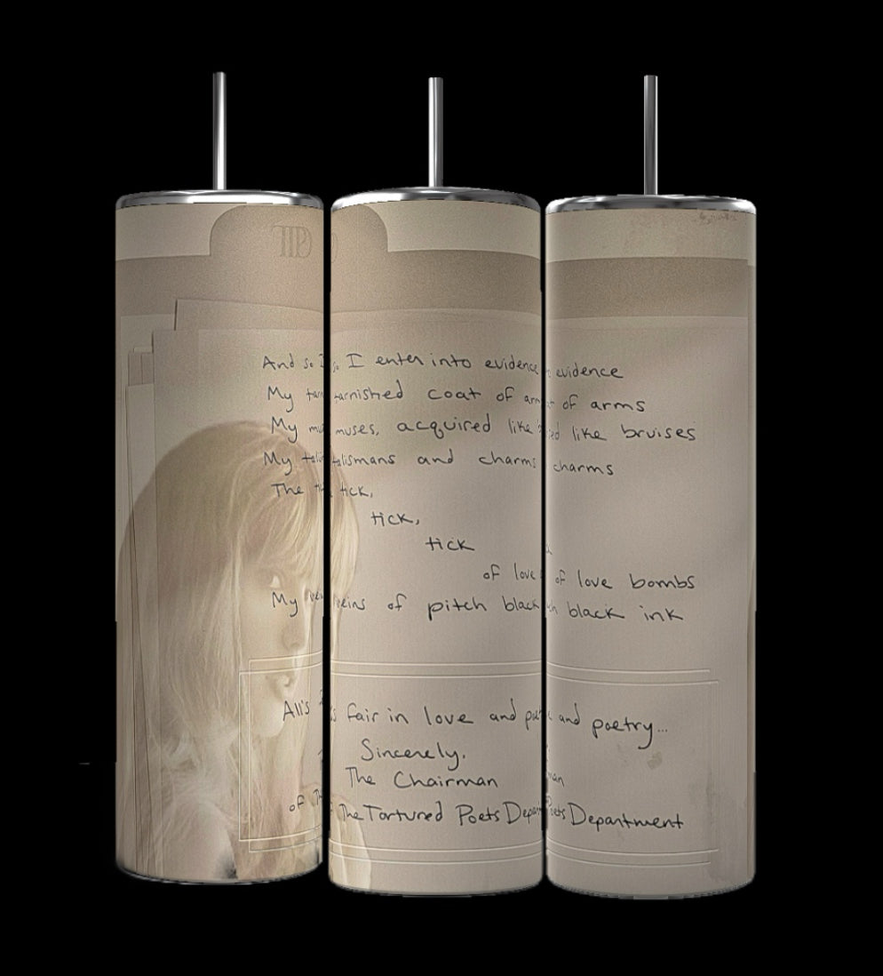 A triptych artwork, titled "The Manuscript," features a poem in handwriting on three separate vertical panels. The text is written on a faded background with an indistinct image of a person's head on the left side. The poem appears emotional and is signed by "The Chairman." Featured prominently is the 20oz Skinny Tumbler from Kreative Kreationz, complete with its reusable straw.