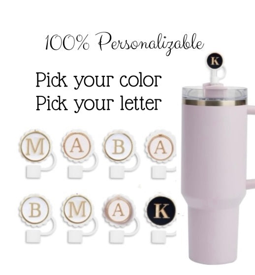 The customizable Monogram Straw Cover by Kreative Kreationz fits Stanley cup sizes 40oz, 30oz, and 20oz. It includes colorful initial tags "M," "A," "B," and "K" with optional silicone straw covers for personalized gifting through unique color and letter combinations.