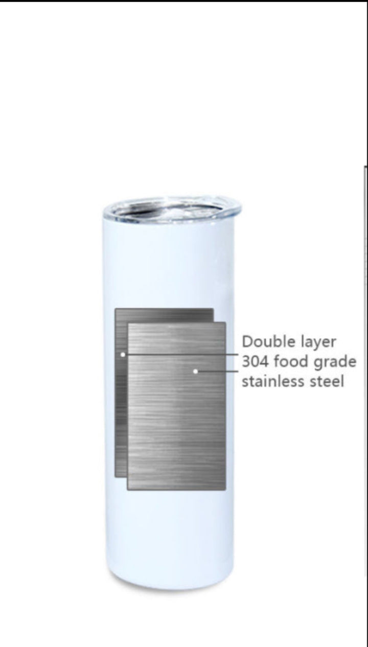 Displayed is a Kreative Kreationz Yellowstone 20oz white insulated tumbler with a silver lid. It showcases a cross-section of two layers of 304 food-grade stainless steel, ideal for maintaining your drink's preferred temperature.